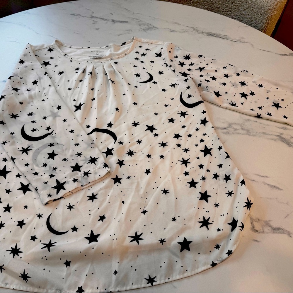 Van Heusen sheer top with black moons and stars